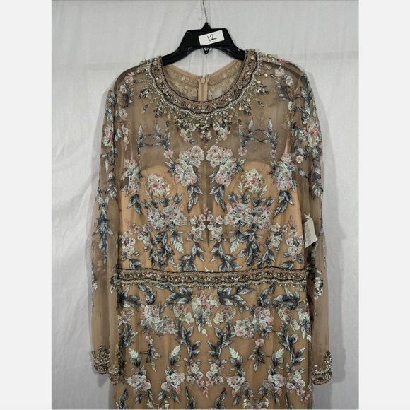 NWT $798 Mac Duggal [ 14 ] Floral Embroidered Long Sleeve Trumpet Gown Nude Q624 - Picture 9 of 16